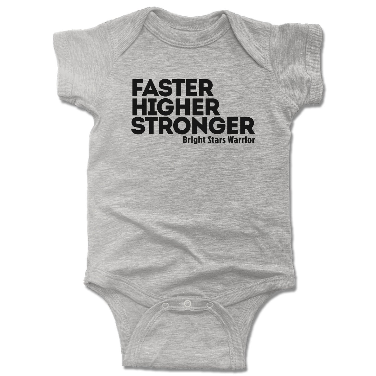 BRIGHT STARS GYMNASTICS ACADEMY | GRAY ONESIE | FASTER HIGHER STRONGER