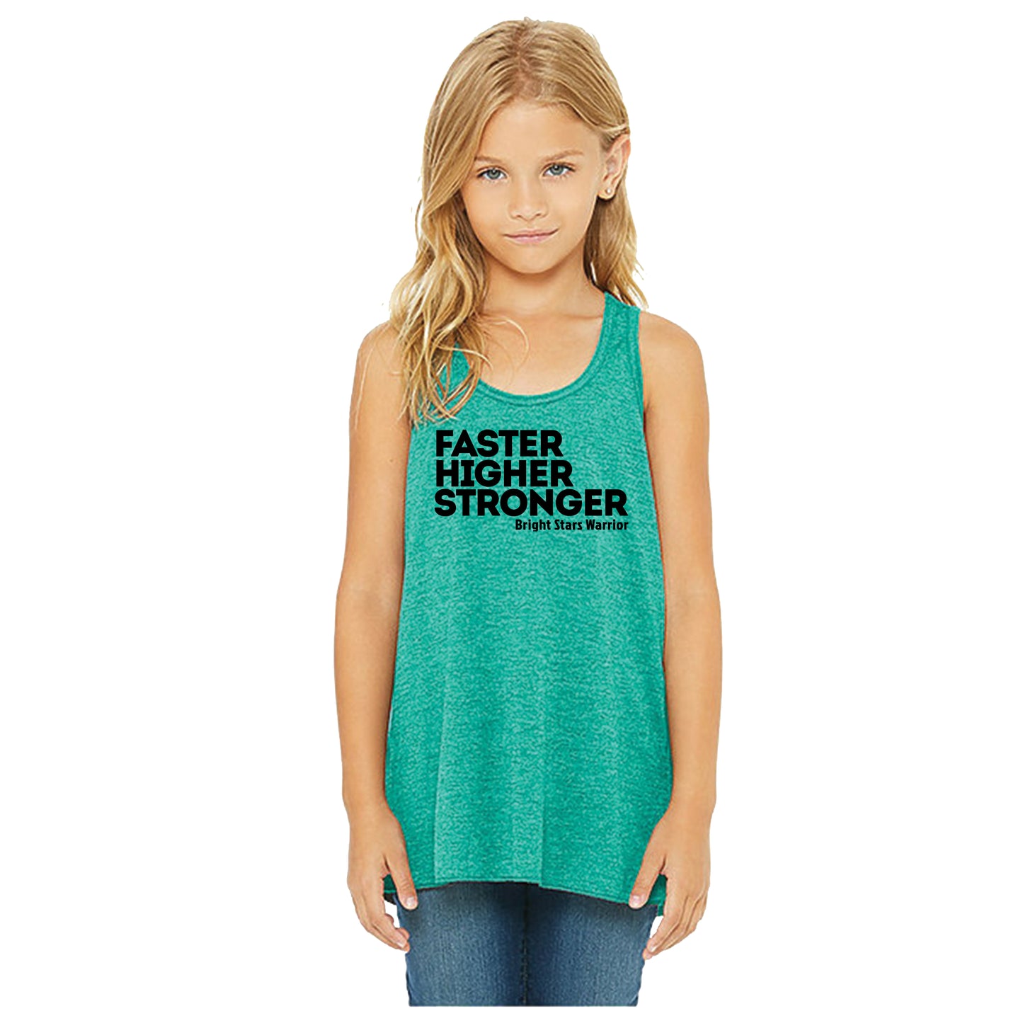 BRIGHT STARS GYMNASTICS ACADEMY | YOUTH TEAL FLOWY TANK | FASTER HIGHER STRONGER