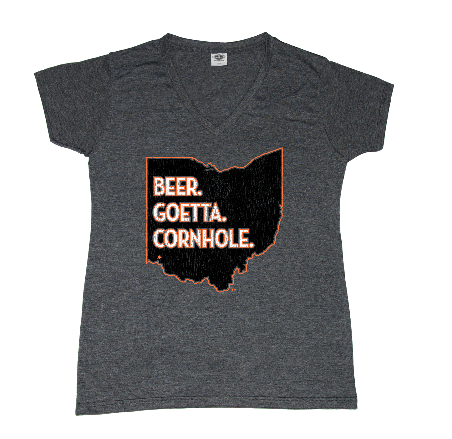 OHIO LADIES' V-NECK TEE | BEER, GOETTA, CORNHOLE | ORANGE/BLACK