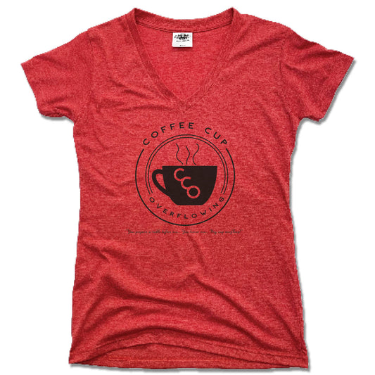 COFFEE CUP OVERFLOWING | LADIES RED V-NECK | LOGO