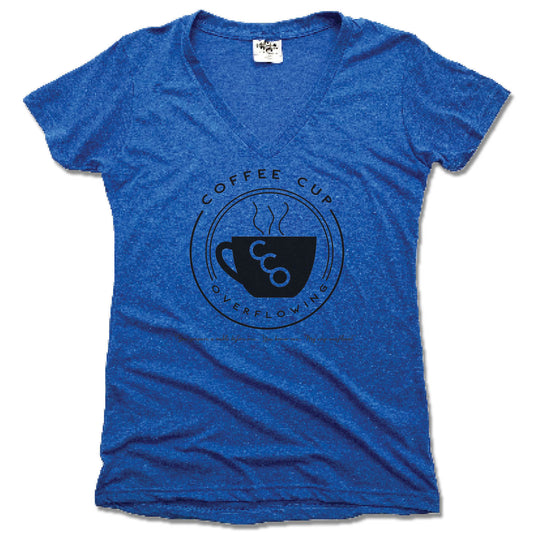 COFFEE CUP OVERFLOWING | LADIES BLUE V-NECK | LOGO