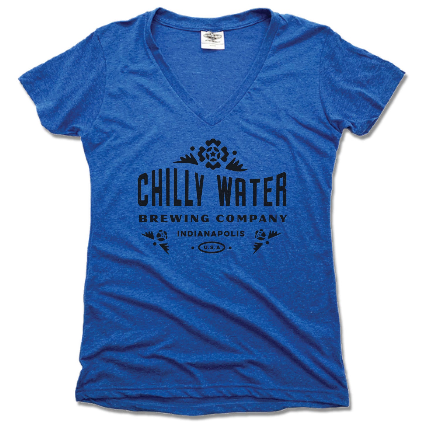 CHILLY WATER BREWING | LADIES BLUE V-NECK | CWB BLACK LOGO