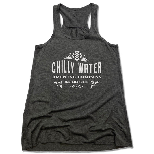 CHILLY WATER BREWING | LADIES GRAY FLOWY TANK | CWB WHITE LOGO