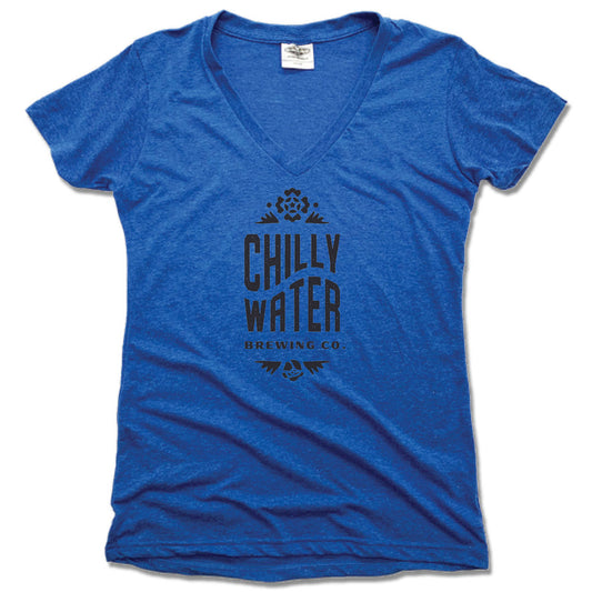 CHILLY WATER BREWING | LADIES BLUE V-NECK | CWB VERTICALSPOT BLACK LOGO