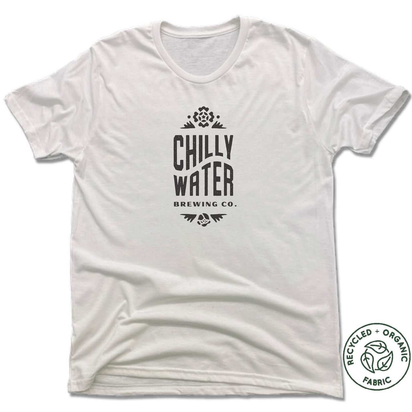 CHILLY WATER BREWING | UNISEX WHITE Recycled Tri-Blend | CWB VERTICALSPOT BLACK LOGO