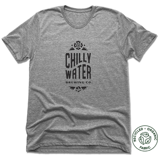 CHILLY WATER BREWING | UNISEX GRAY Recycled Tri-Blend | CWB VERTICALSPOT BLACK LOGO