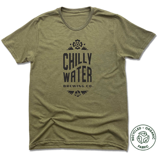 CHILLY WATER BREWING | UNISEX OLIVE Recycled Tri-Blend | CWB VERTICALSPOT BLACK LOGO