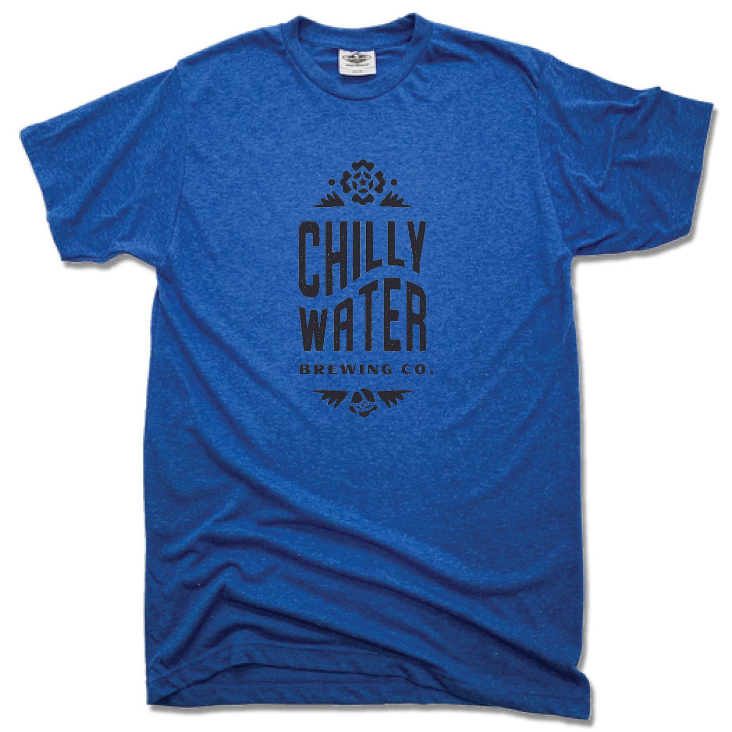 CHILLY WATER BREWING | UNISEX BLUE TEE | CWB VERTICALSPOT BLACK LOGO