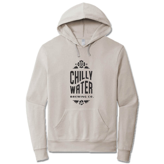 CHILLY WATER BREWING | LIGHT GRAY FRENCH TERRY HOODIE | CWB VERTICALSPOT BLACK LOGO