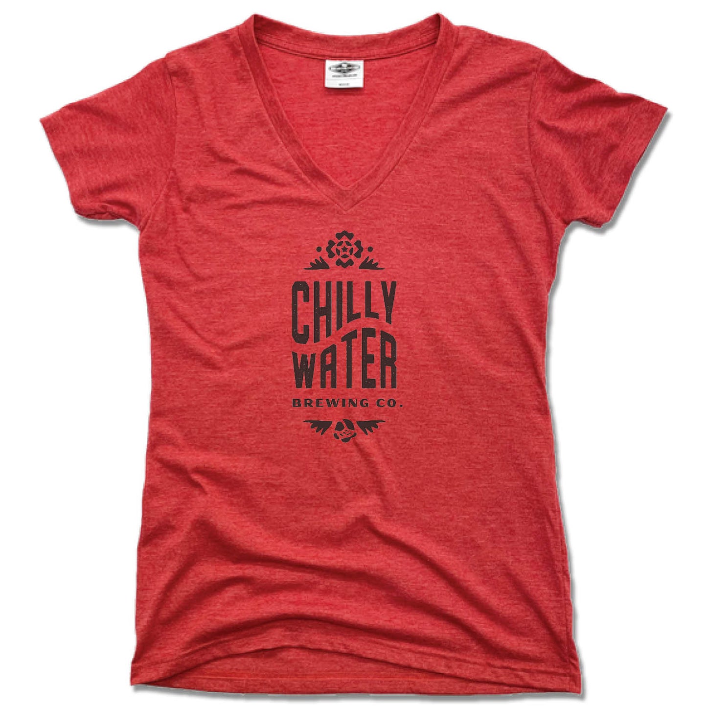 CHILLY WATER BREWING | LADIES RED V-NECK | CWB VERTICALSPOT BLACK LOGO