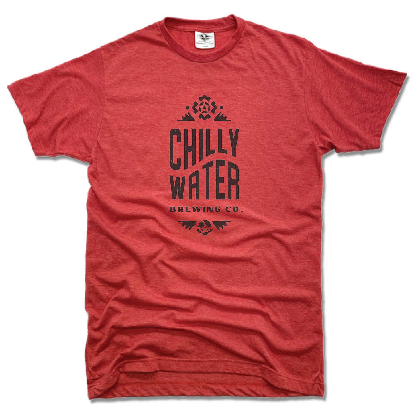 CHILLY WATER BREWING | UNISEX RED TEE | CWB VERTICALSPOT BLACK LOGO