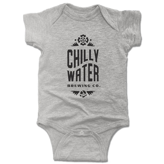 CHILLY WATER BREWING | GRAY ONESIE | CWB VERTICALSPOT BLACK LOGO