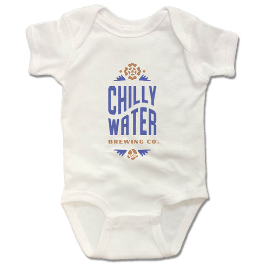 CHILLY WATER BREWING | WHITE ONESIE | CWB VERTICALSPOT COLOR LOGO