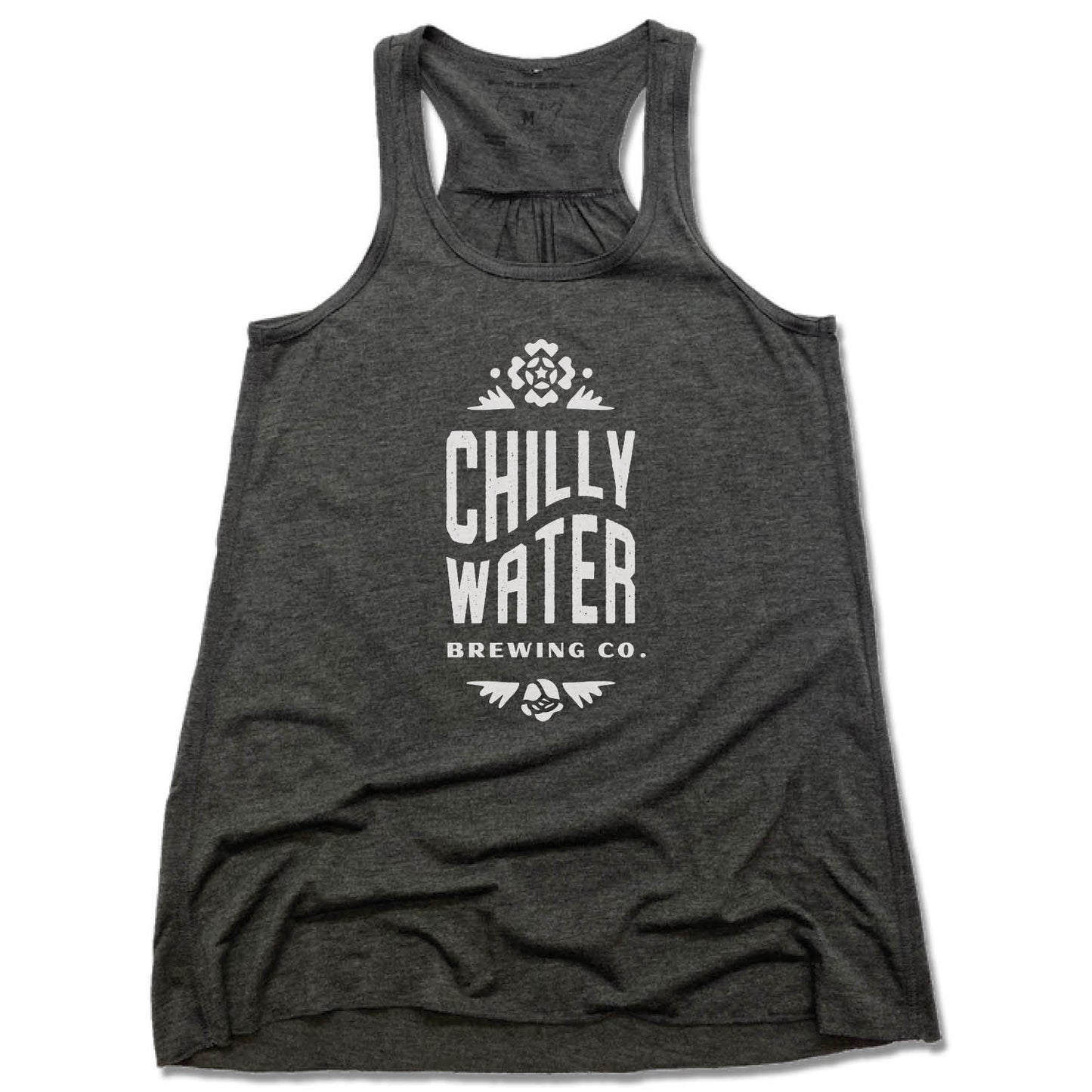 CHILLY WATER BREWING | LADIES GRAY FLOWY TANK | CWB VERTICALSPOT WHITE LOGO