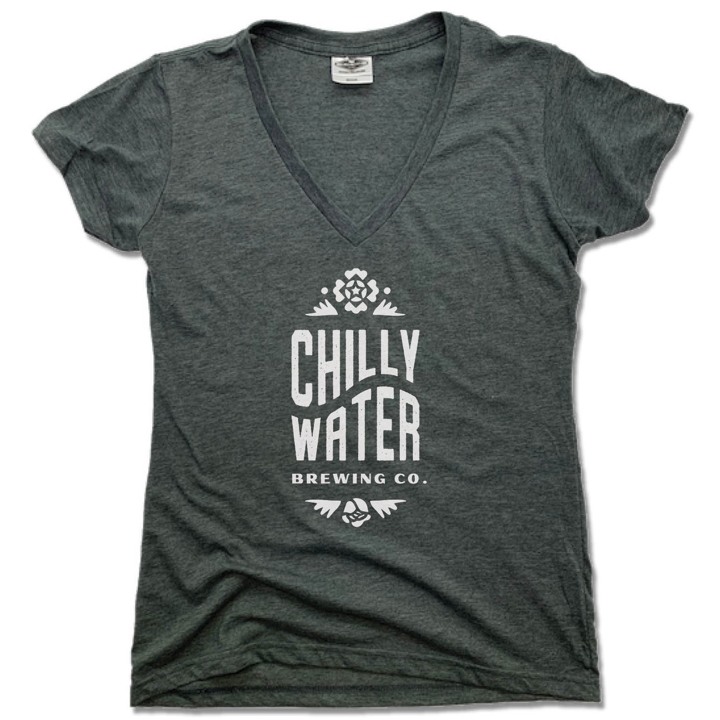 CHILLY WATER BREWING | LADIES V-NECK | CWB VERTICALSPOT WHITE LOGO