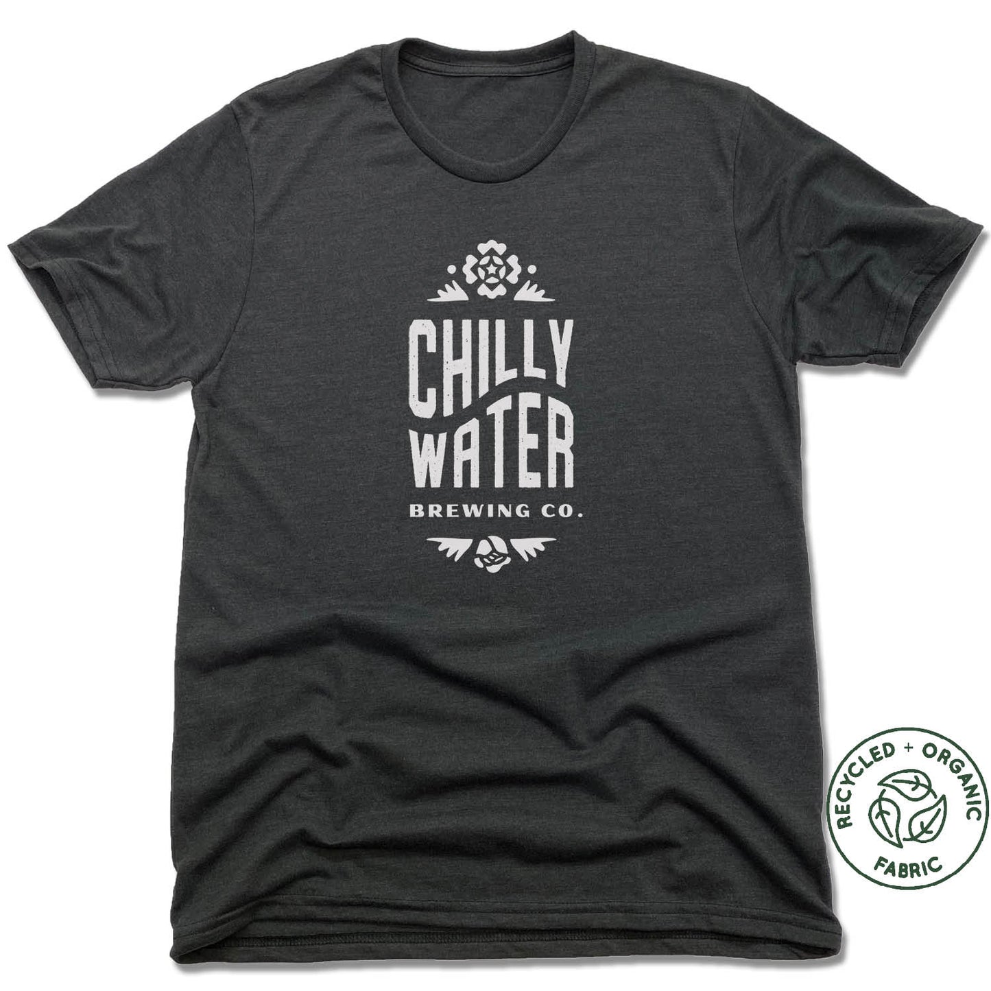 CHILLY WATER BREWING | UNISEX BLACK Recycled Tri-Blend | CWB VERTICALSPOT WHITE LOGO