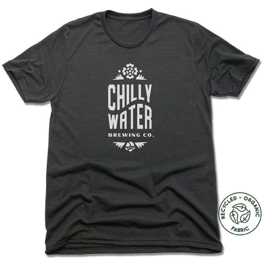 CHILLY WATER BREWING | UNISEX BLACK Recycled Tri-Blend | CWB VERTICALSPOT WHITE LOGO