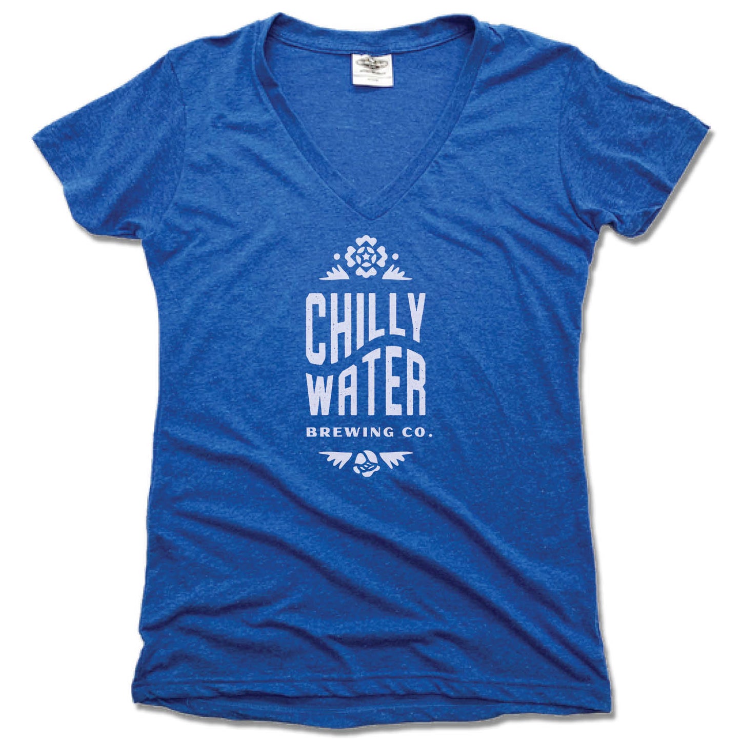 CHILLY WATER BREWING | LADIES BLUE V-NECK | CWB VERTICALSPOT WHITE LOGO