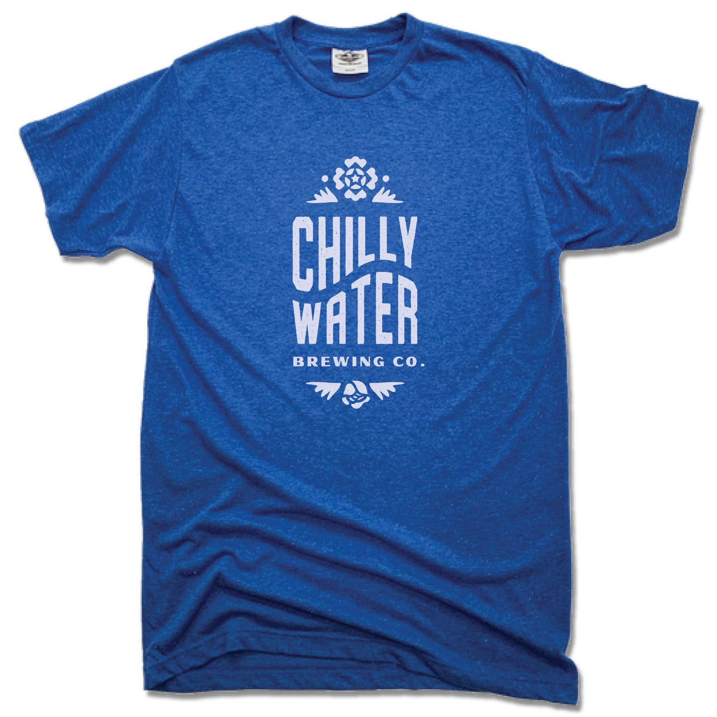 CHILLY WATER BREWING | UNISEX BLUE TEE | CWB VERTICALSPOT WHITE LOGO