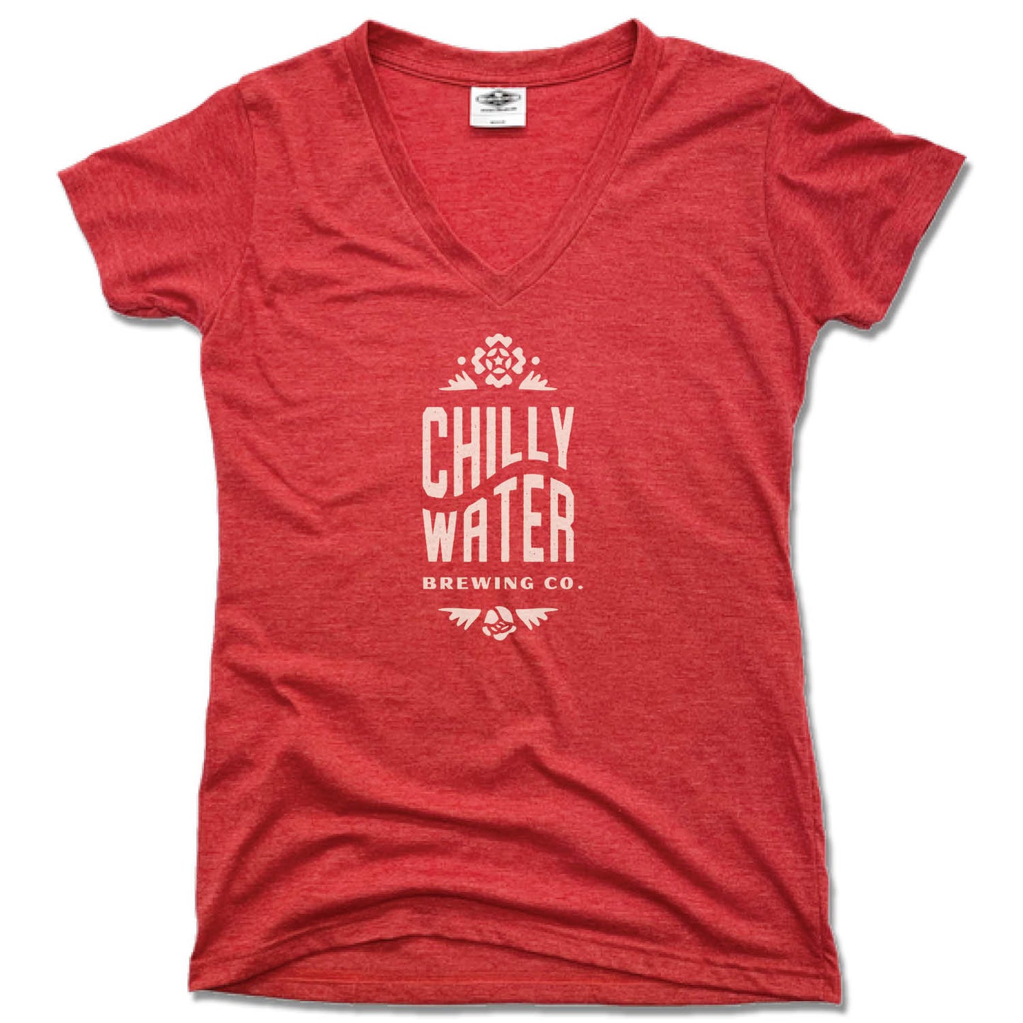 CHILLY WATER BREWING | LADIES RED V-NECK | CWB VERTICALSPOT WHITE LOGO