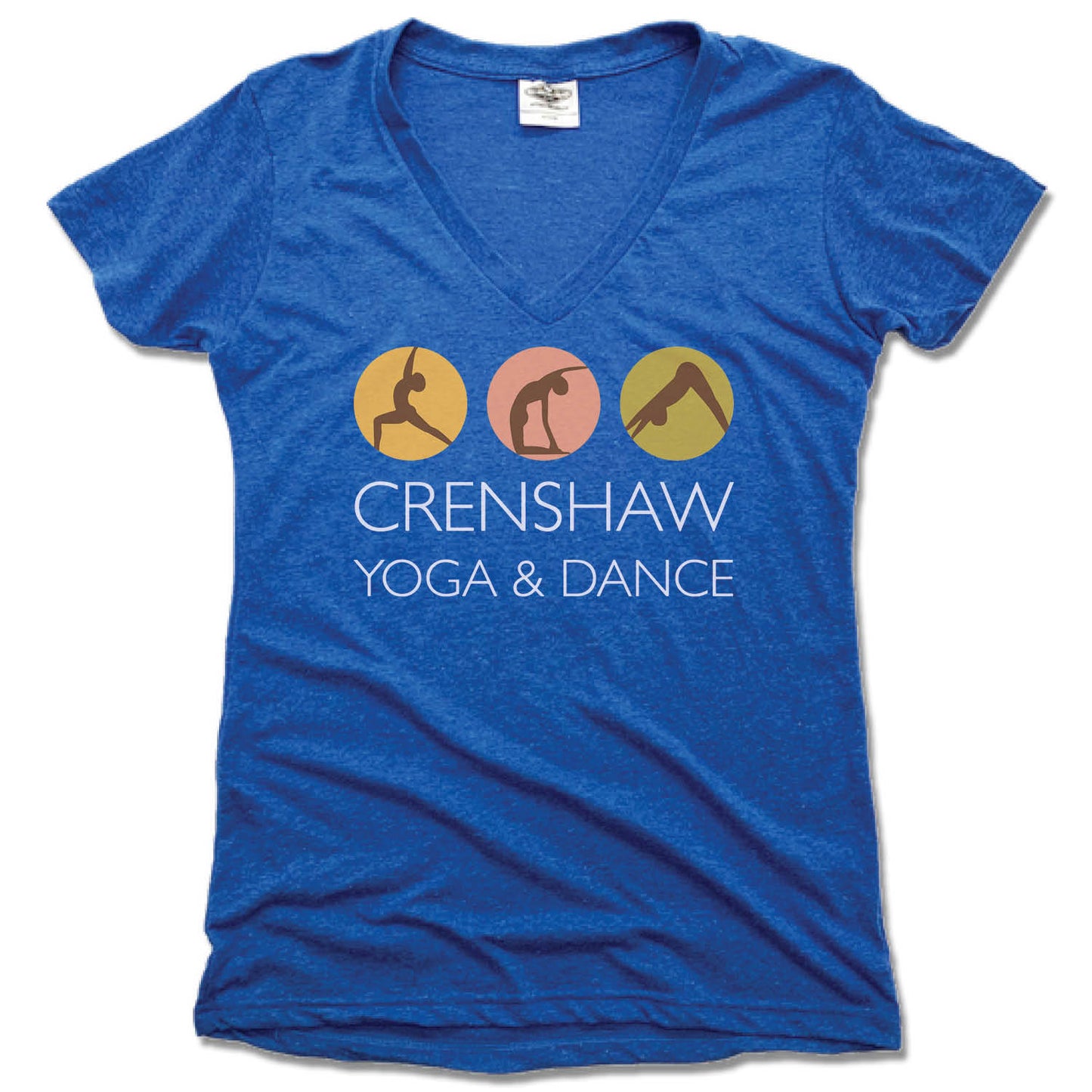 CRENSHAW YOGA & DANCE | LADIES BLUE V-NECK | WHITE LOGO