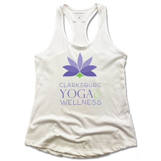 CLARKSBURG YOGA AND WELLNESS | LADIES WHITE TANK | COLOR LOGO