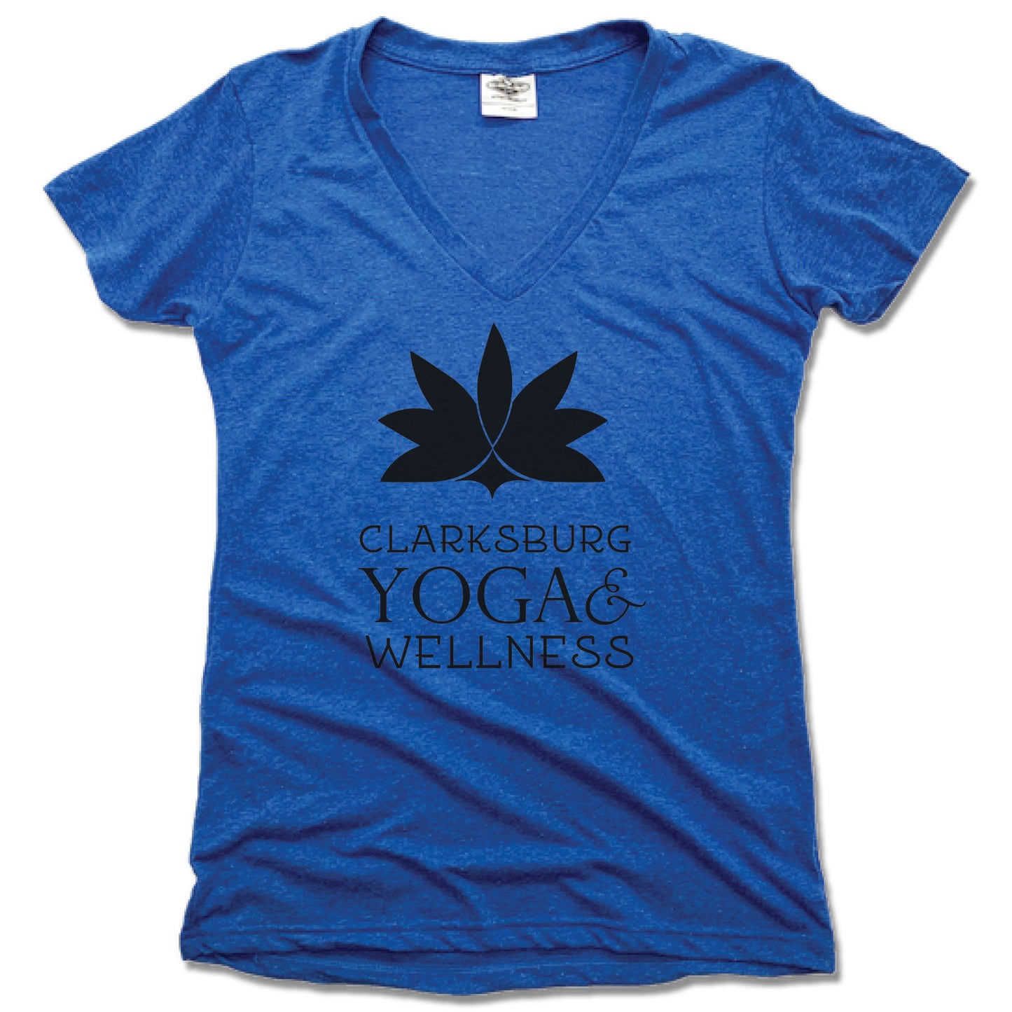CLARKSBURG YOGA AND WELLNESS | LADIES BLUE V-NECK | BLACK LOGO