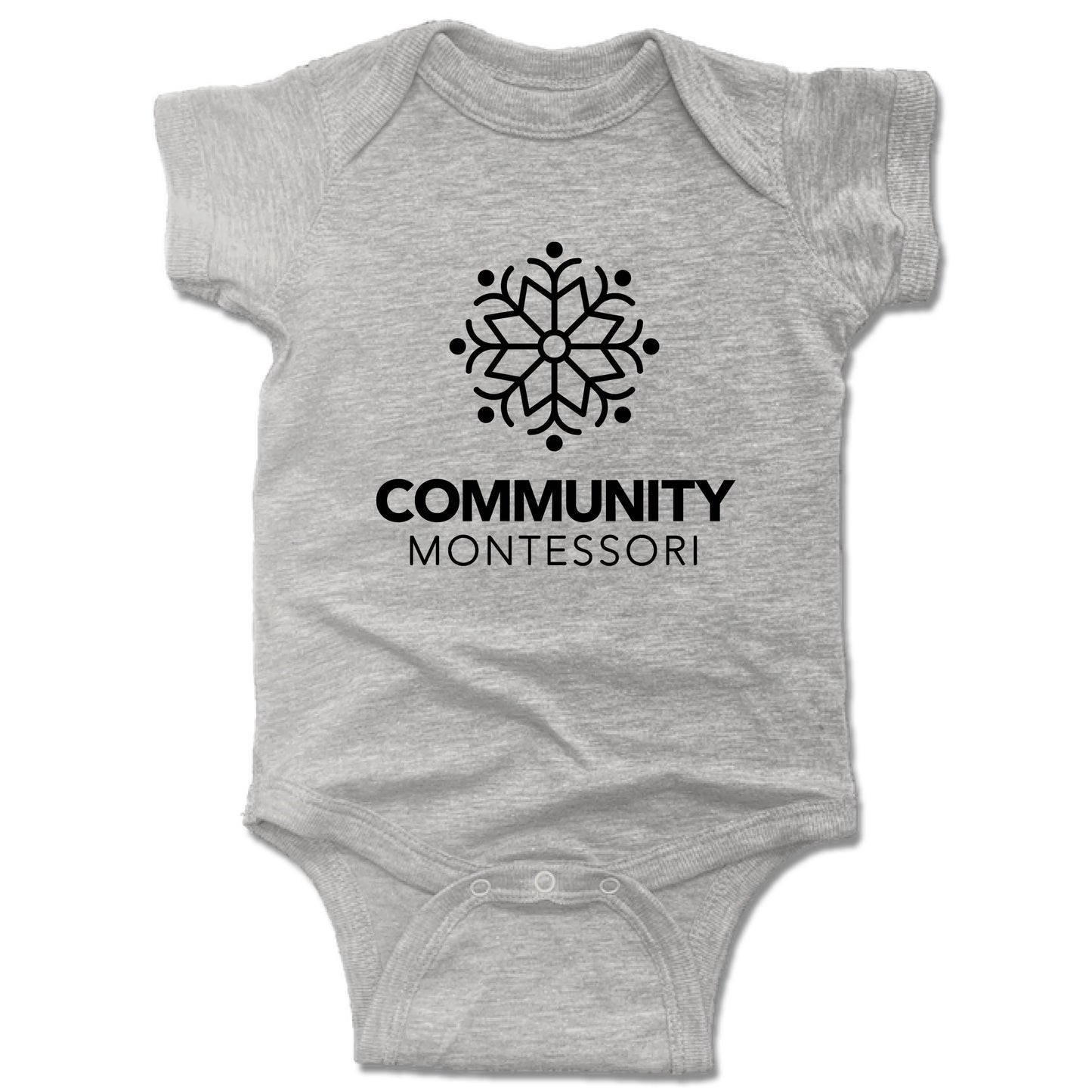 COMMUNITY MONTESSORI | GRAY ONESIE | BLACK LOGO