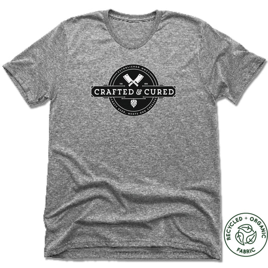 CRAFTED & CURED | UNISEX GRAY Recycled Tri-Blend | BUTCHER AND HOPS LOGO