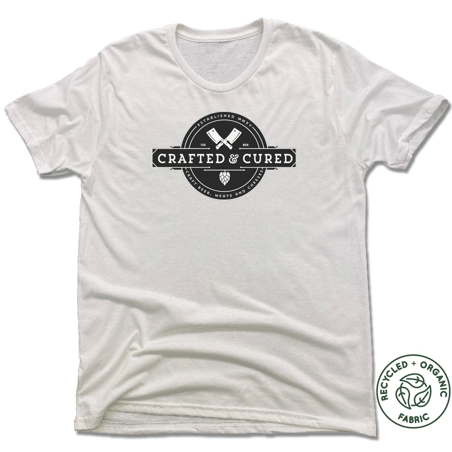 CRAFTED & CURED | UNISEX WHITE Recycled Tri-Blend | BUTCHER AND HOPS LOGO