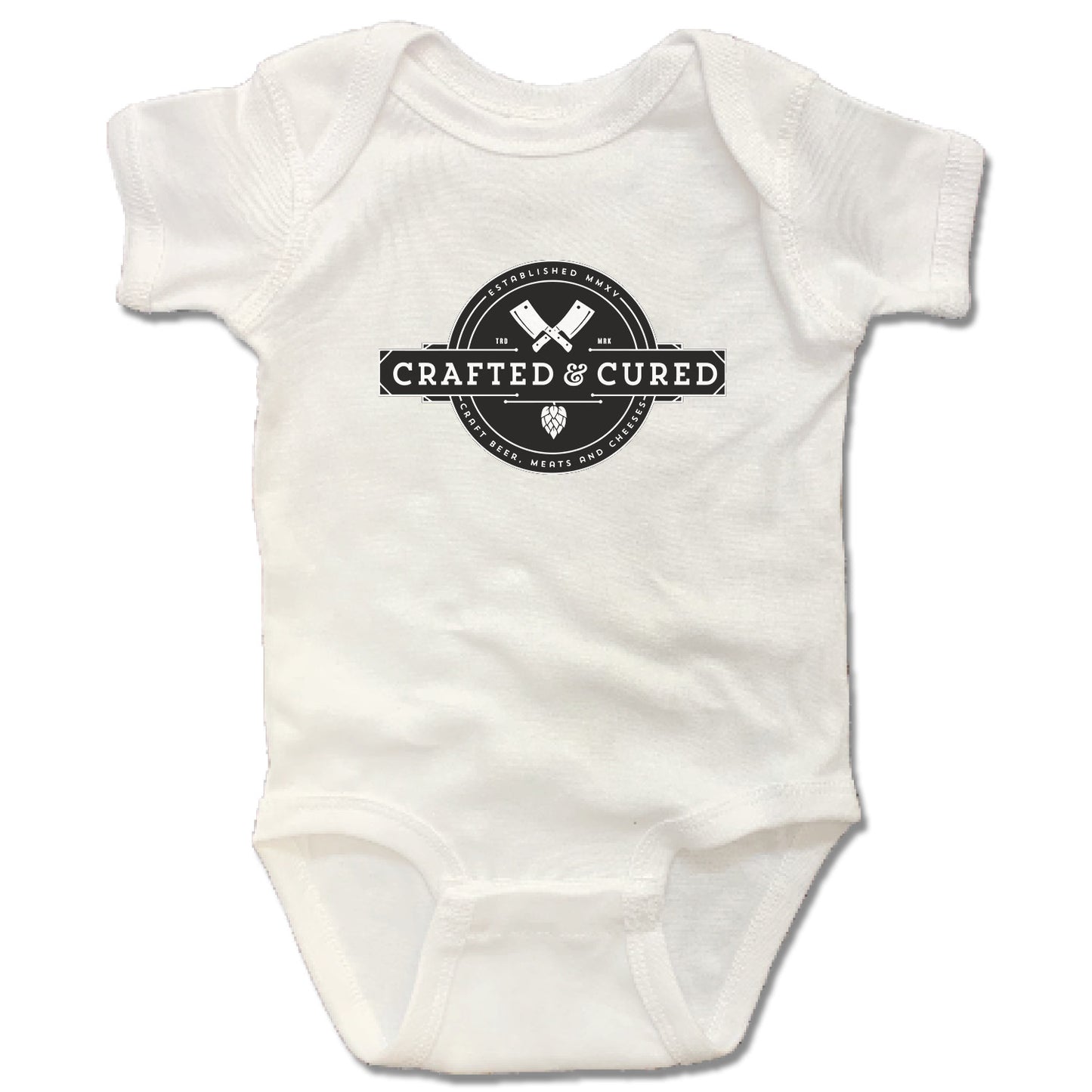 CRAFTED & CURED | WHITE ONESIE | BUTCHER AND HOPS LOGO