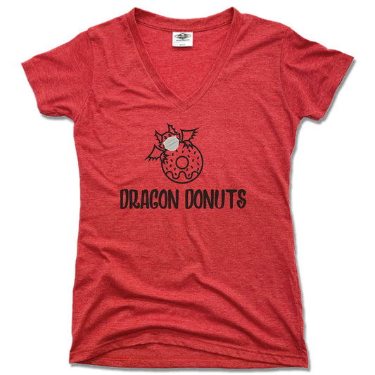 DRAGON DONUTS | LADIES RED V-NECK | DRAGON MASK