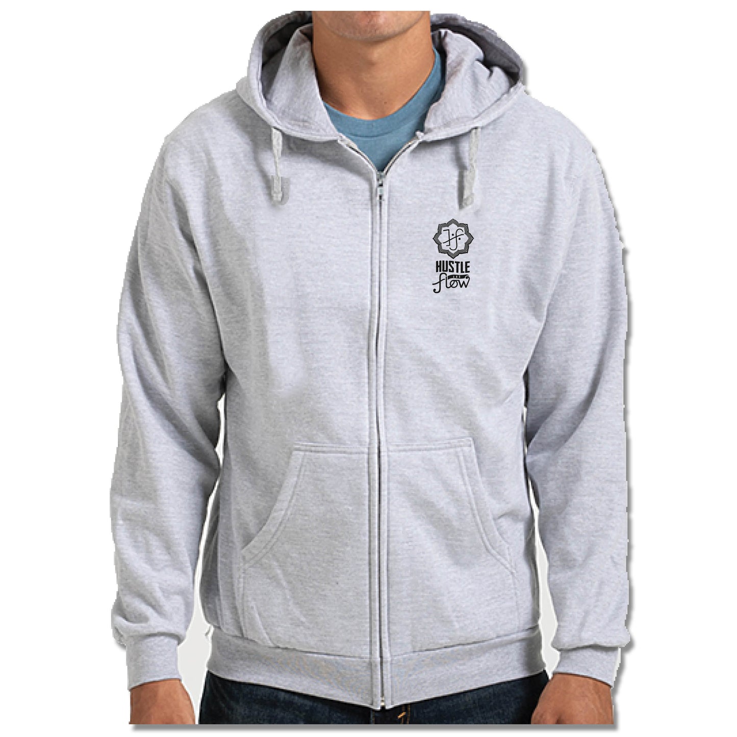 HUSTLE AND FLOW | LIGHT GRAY ZIP HOODIE | BLACK LOGO