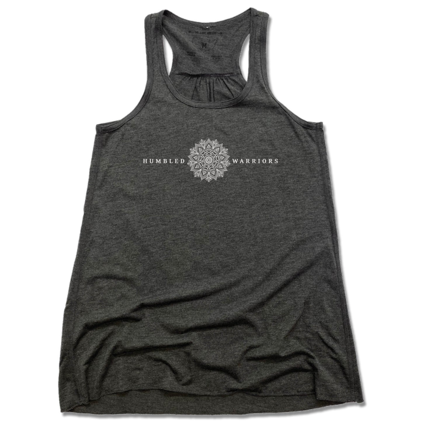 HUMBLED WARRIORS YOGA | LADIES GRAY FLOWY TANK | MONOGRAM WHITE