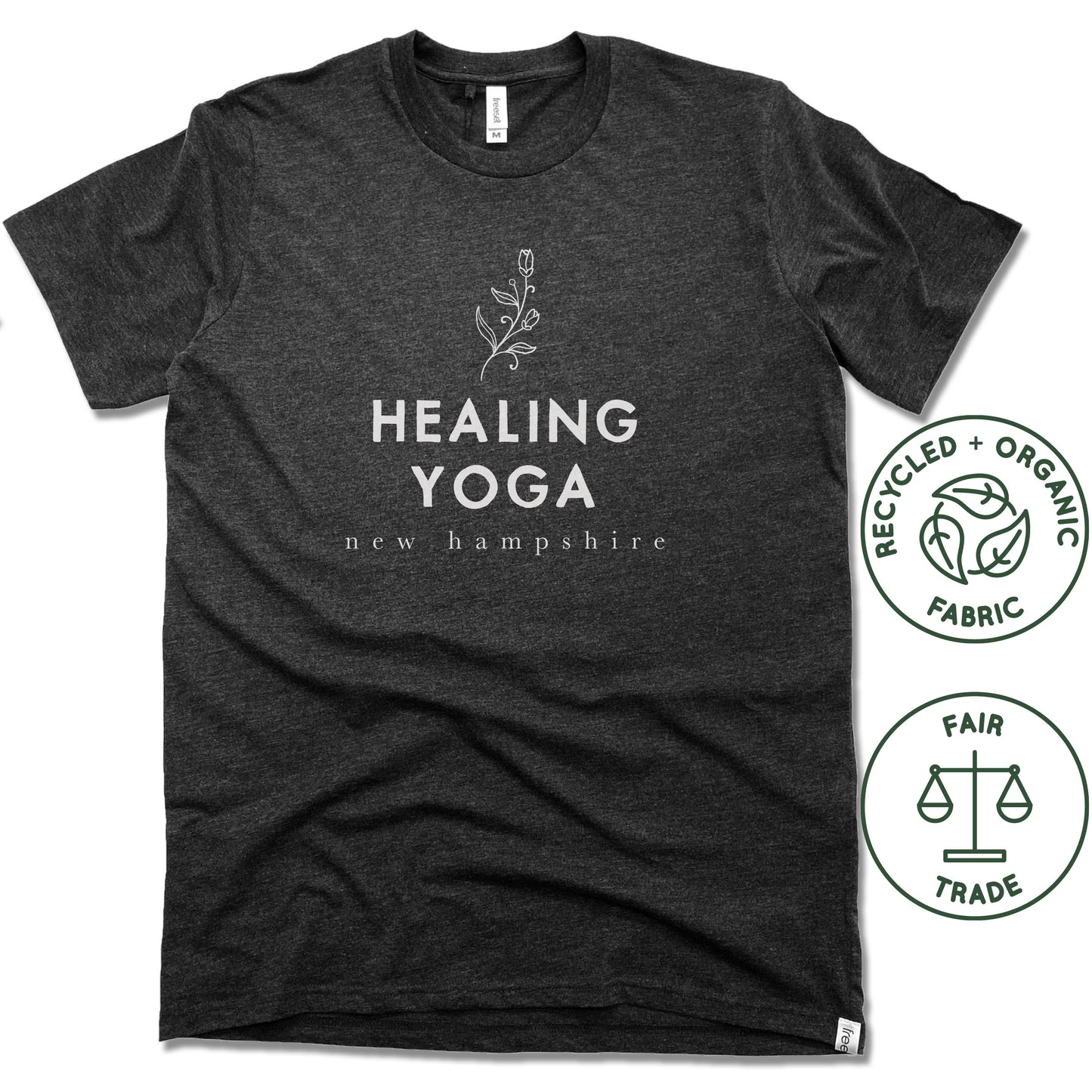 HEALING YOGA NEW HAMPSHIRE | FAIRTRADE FREESET BLACK UNISEX TEE | WHITE LOGO