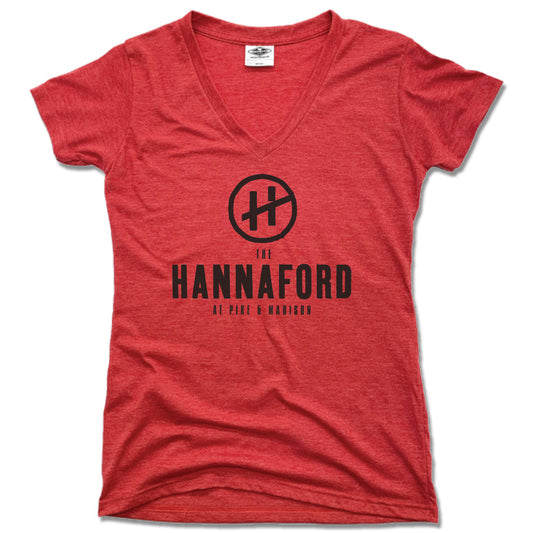 HANNAFORD | LADIES RED V-NECK | BLACK LOGO
