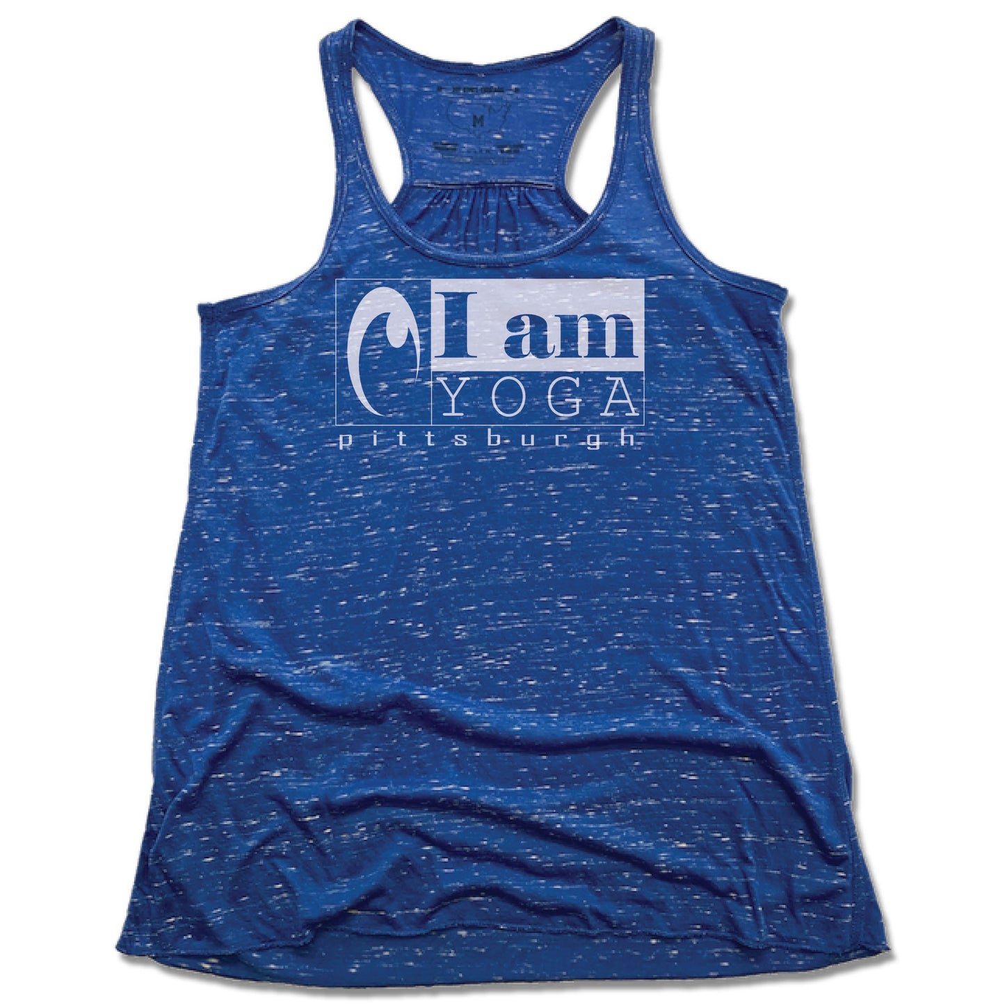 I AM YOGA PITTSBURGH | LADIES BLUE FLOWY TANK | WHITE LOGO