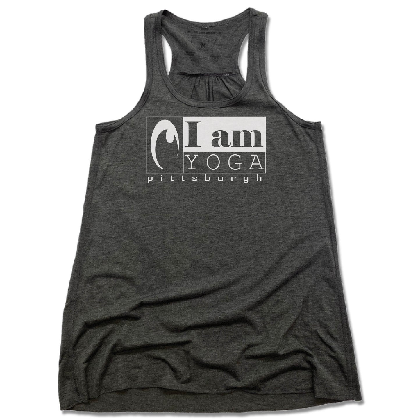 I AM YOGA PITTSBURGH | LADIES GRAY FLOWY TANK | WHITE LOGO