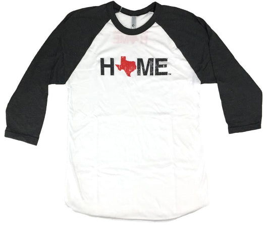 White unisex 3/4 sleeve crew neck HOME tee with charcoal sleeves and an red Texas as the O