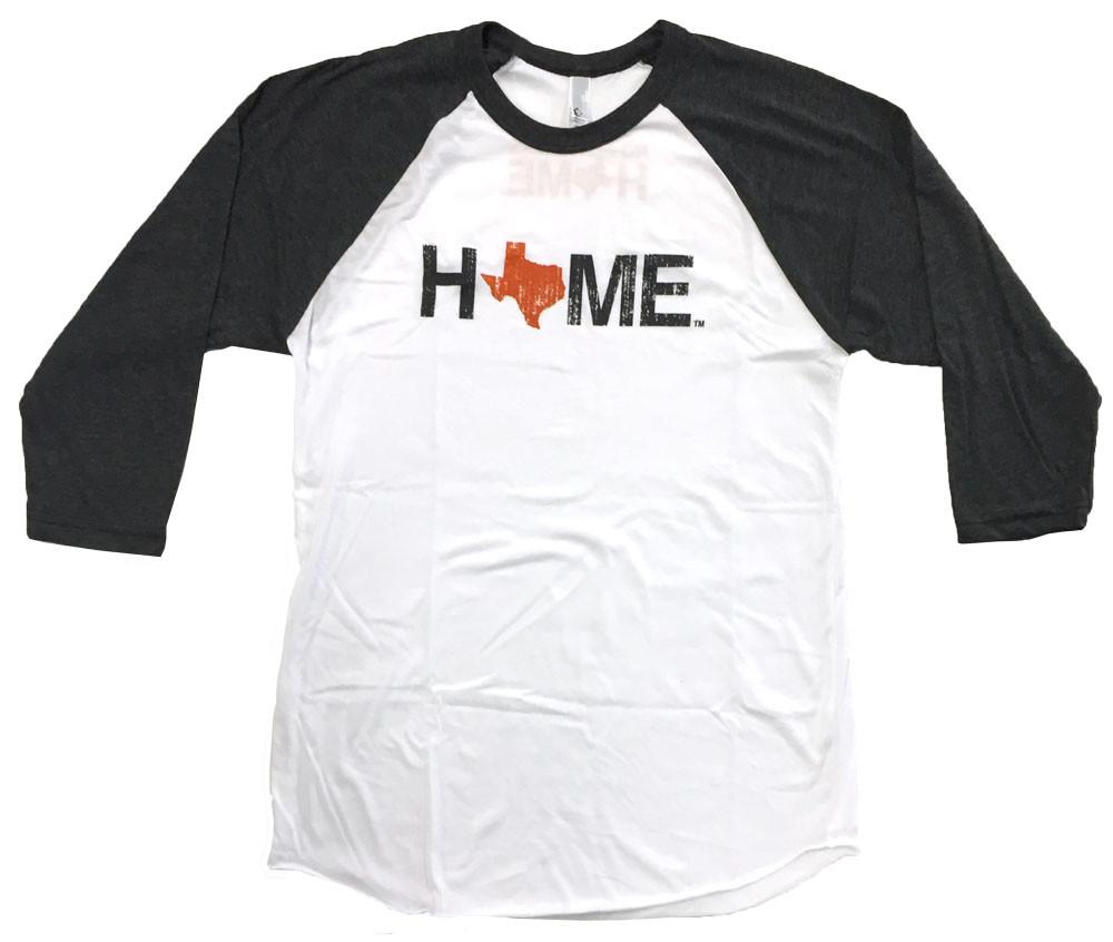 White unisex 3/4 sleeve crew neck HOME tee with charcoal sleeves and an orange Texas as the O