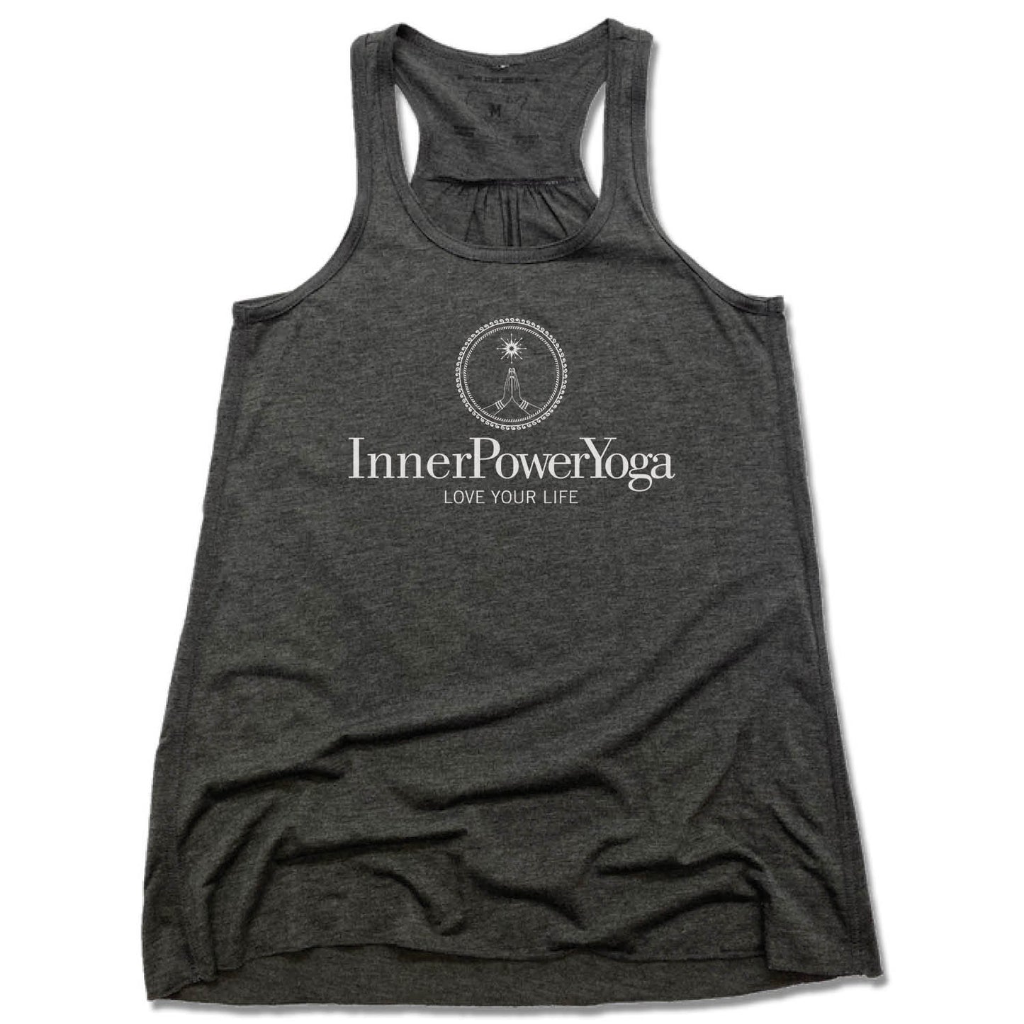 INNER POWER YOGA STUDIO | LADIES GRAY FLOWY TANK | WHITE LOGO