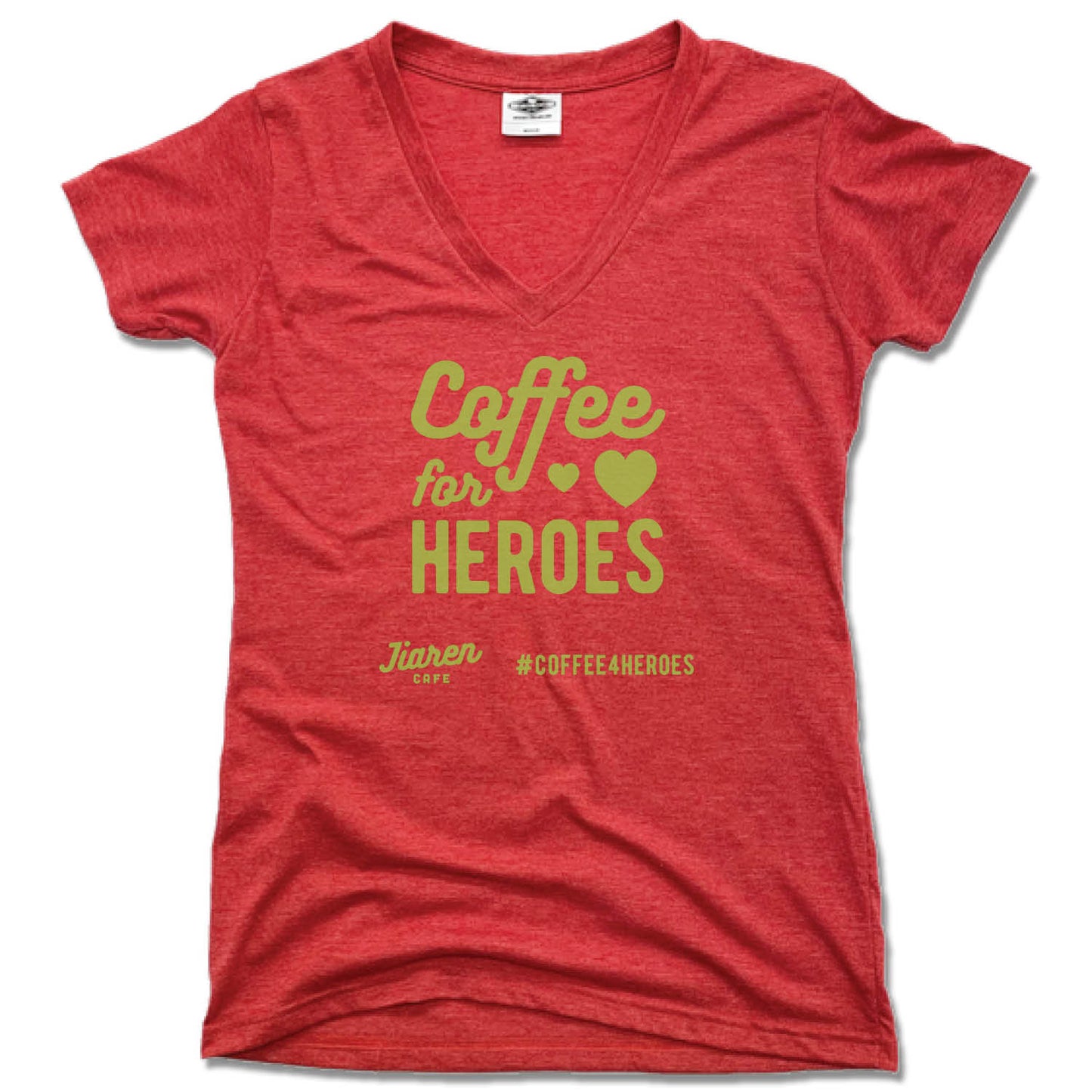 JIAREN CAFE | LADIES RED V-NECK | COFFEE FOR HEROES