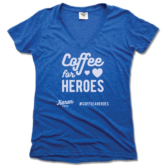 JIAREN CAFE | LADIES BLUE V-NECK | COFFEE FOR HEROES
