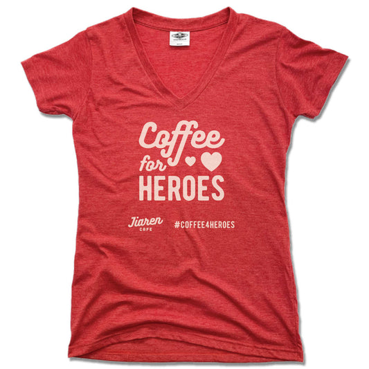 JIAREN CAFE | LADIES RED V-NECK | COFFEE FOR HEROES