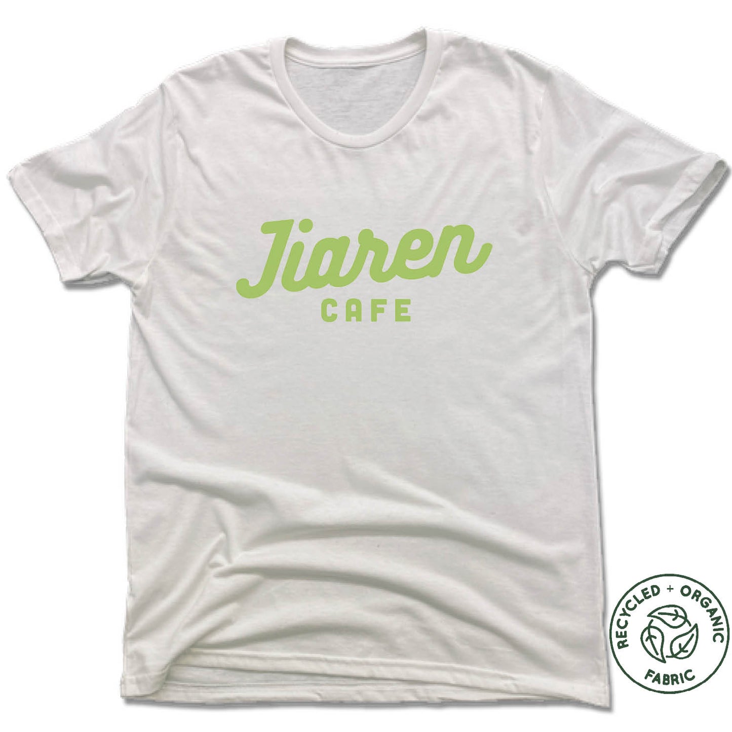JIAREN CAFE | UNISEX WHITE Recycled Tri-Blend | GREEN LOGO
