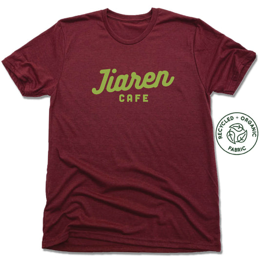 JIAREN CAFE | UNISEX VINO RED Recycled Tri-Blend | GREEN LOGO