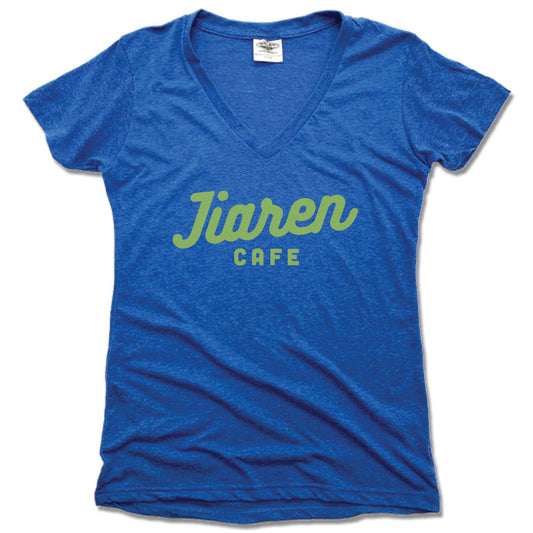 JIAREN CAFE | LADIES BLUE V-NECK | GREEN LOGO