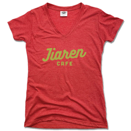 JIAREN CAFE | LADIES RED V-NECK | GREEN LOGO