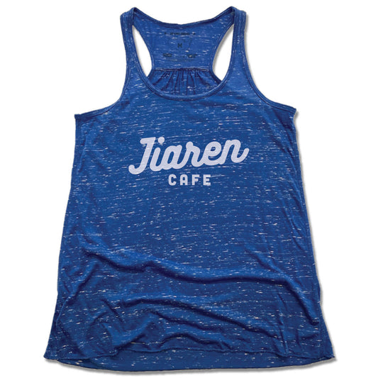 JIAREN CAFE | LADIES BLUE FLOWY TANK | WHITE LOGO