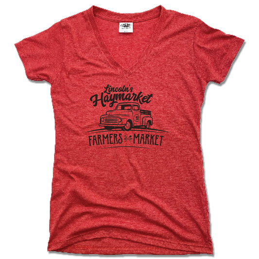 KD DESIGNS | LADIES RED V-NECK | LINCOLN'S HAYMARKET